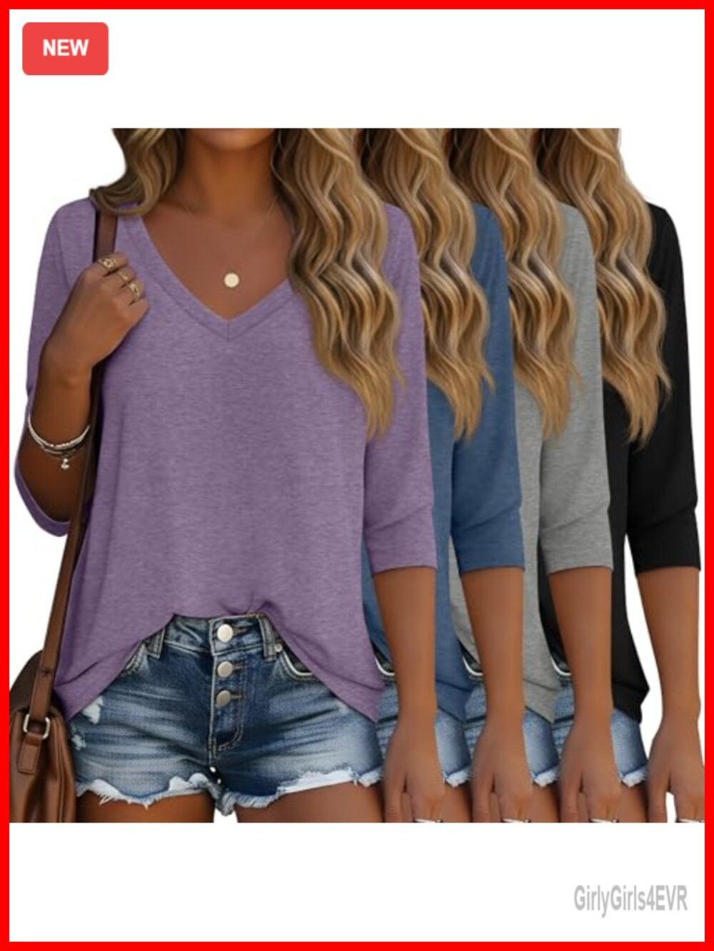 Women's 3/4 Sleeve V-Neck T-Shirts 4 Pack Cotton Spandex Loose Fit Casual Tops
